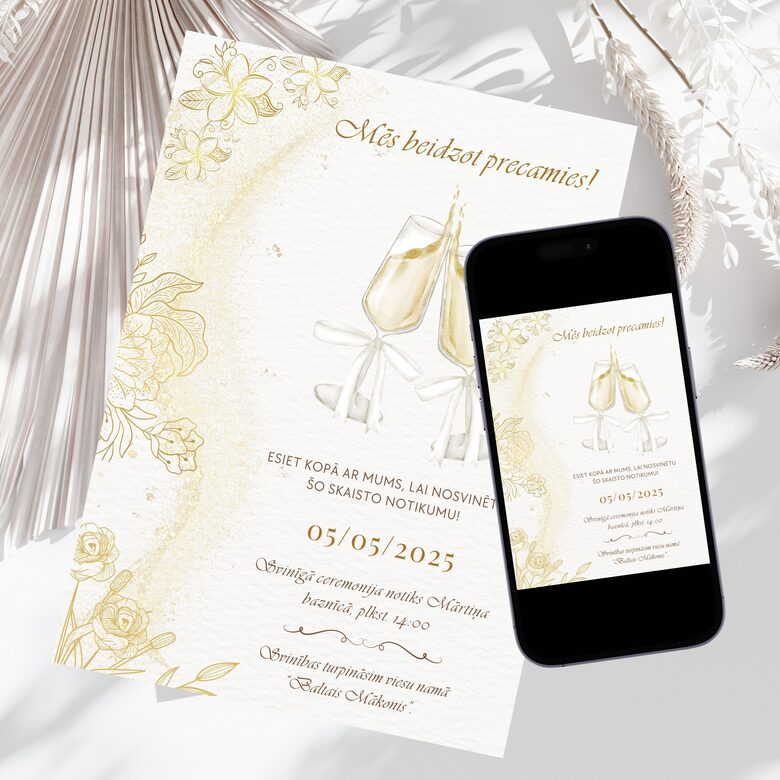 Digitāls kāzu ielūgums zelta toņos ar ziedu motīvu un šampanieša glāzēm